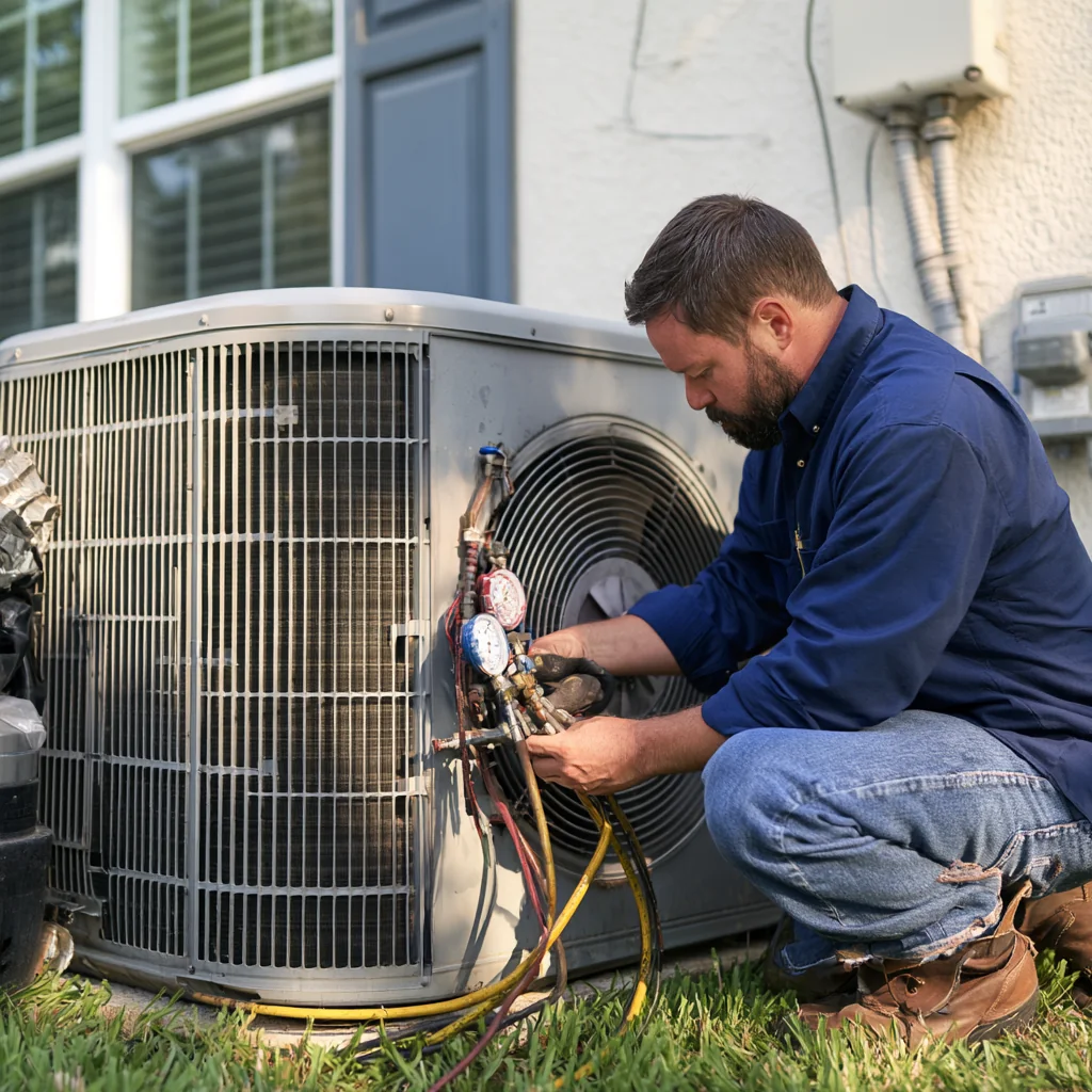 Person in a navy shirt checking gauges on an outdoor air conditioning unit