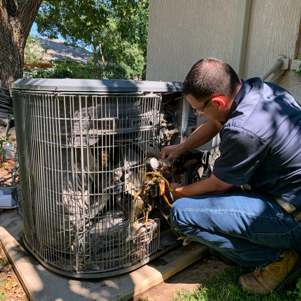 Person in safety glasses servicing the open panel of a residential air conditioner