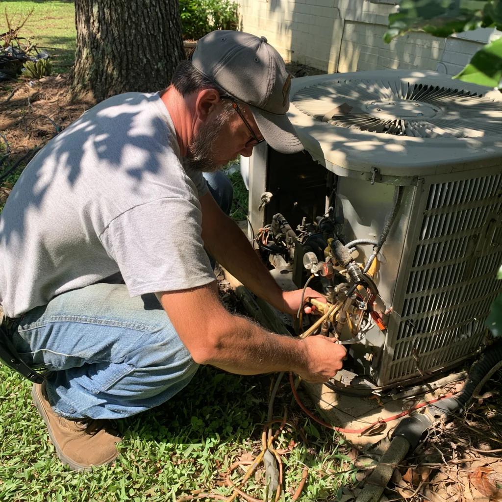 Person in a gray cap inspecting an outdoor air conditioning system