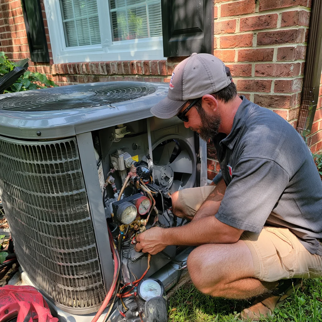 Person checking hoses and gauges on a residential cooling unit