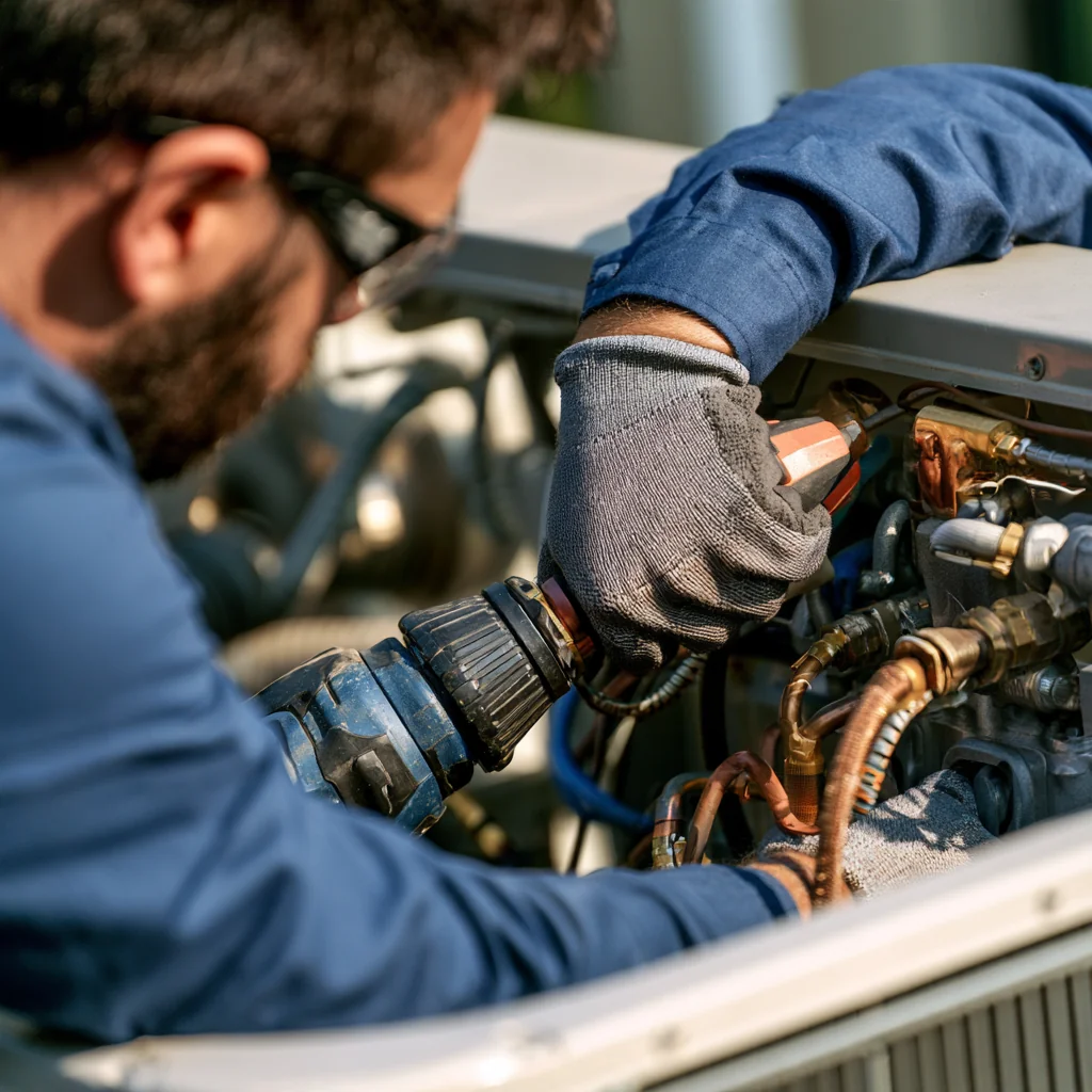 Close-up of gloved hands using a power tool inside HVAC equipment