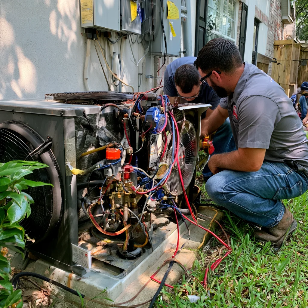 Two people inspecting the components of an outdoor air conditioning unit