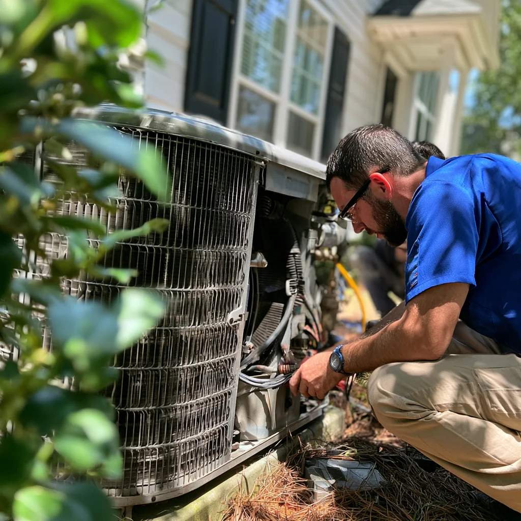 Person in a blue shirt working beside a residential condenser