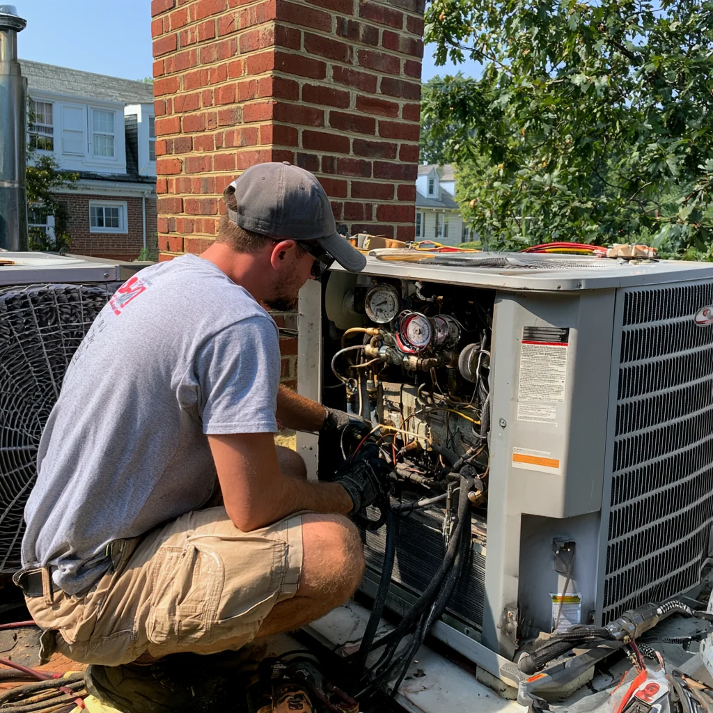 Person in a gray cap inspecting gauges and wiring in an outdoor HVAC unit