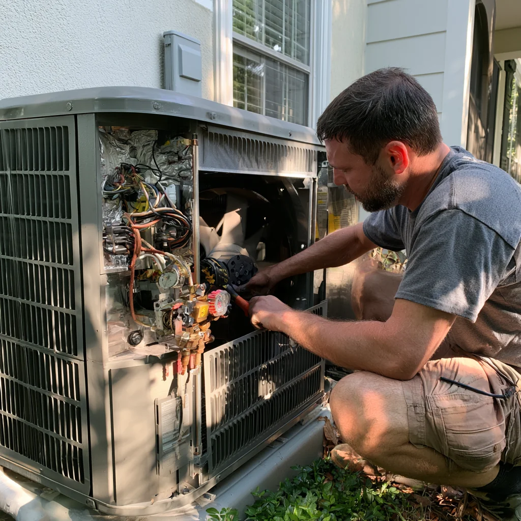 Person examining an open service compartment of a home air conditioner