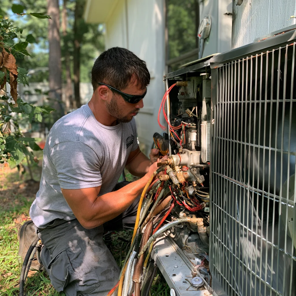 Person wearing safety glasses checking an outdoor cooling system with a meter